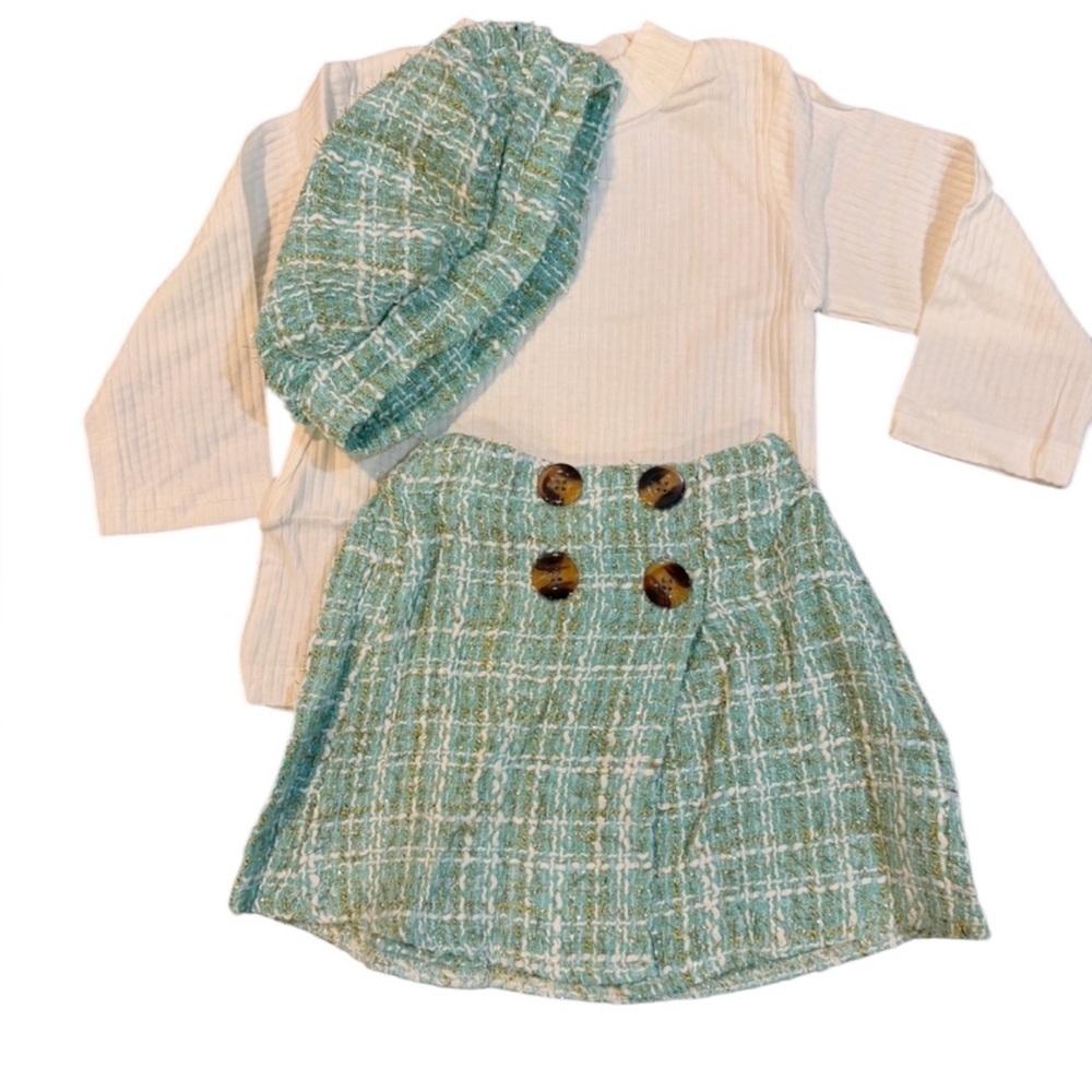 Baby 3-Piece Outfit – Tweed Skirt, Matching Beret & Ribbed Top (9–12M) NWOT‎